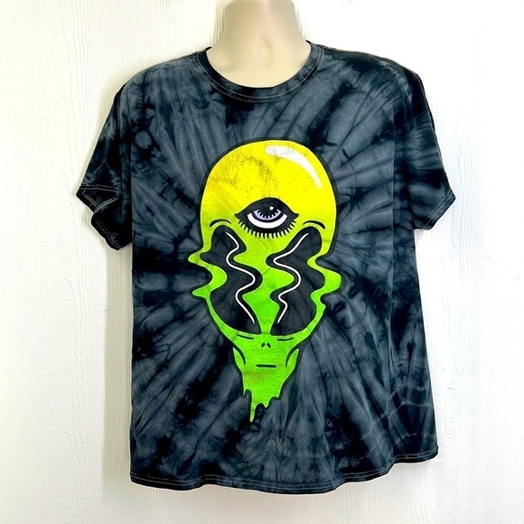 Spencer’s - Tye Dye Bright Melting Alien Head Graphic Short Sleeve T Size Large - Picture 1 of 9